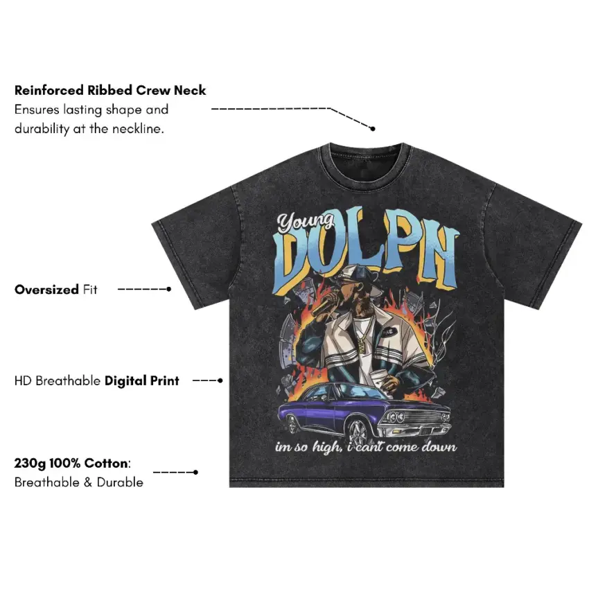 Young Dolph High Class Street Music Oversized Acid Wash T-shirt - Image 5
