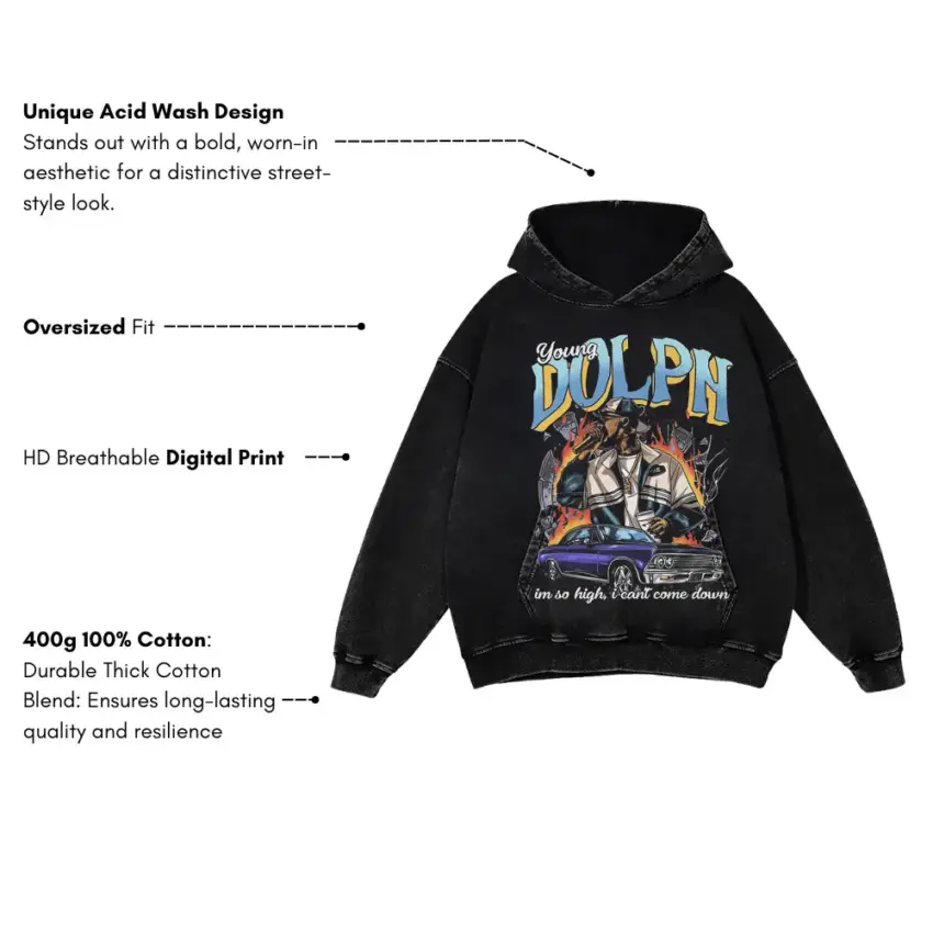 Young Dolph High Class Street Music Aicd Wash Oversized Hoodie - Image 5