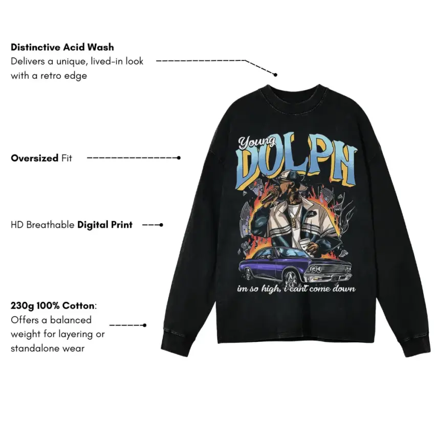Young Dolph High Class Street Music Aicd Wash Oversized Long Sleeve Shirt - Image 5