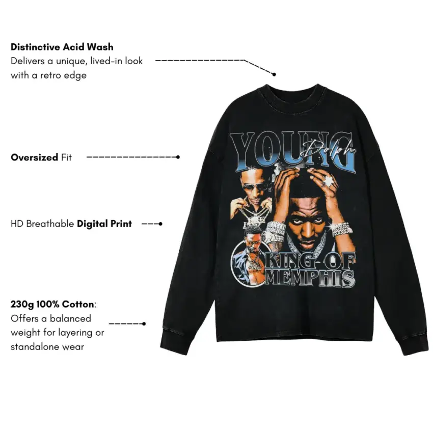 Young Dolph King Of Memphis Aicd Wash Oversized Long Sleeve Shirt - Image 5
