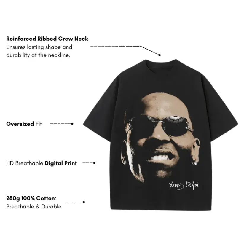 Young Dolph Signature Portrait Heavyweight Oversized Black Graphic Tee - Image 5