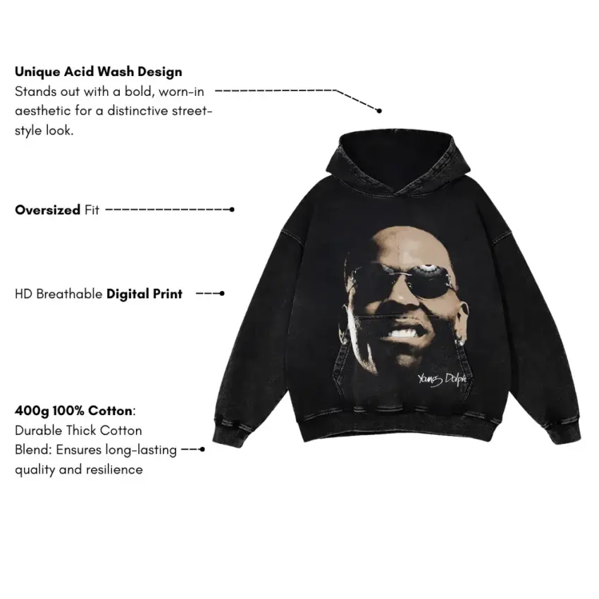 Young Dolph Signature Portrait Aicd Wash Oversized Hoodie - Image 5