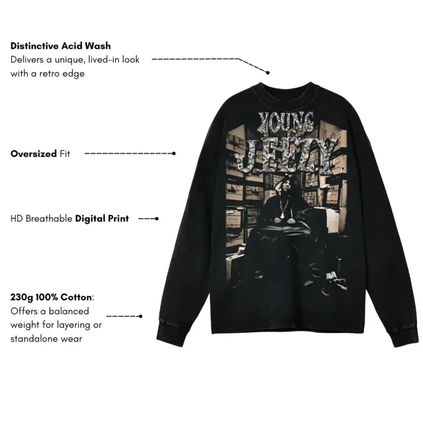 Young Jeezy Thug Motivation Aicd Wash Oversized Long Sleeve Shirt - Image 5