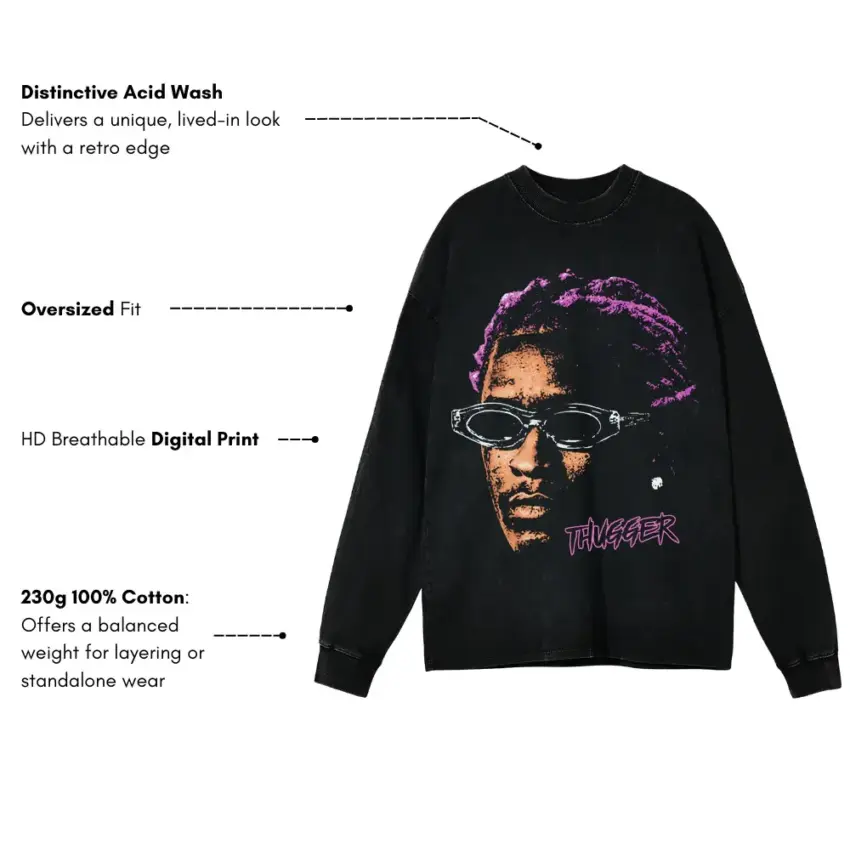 Young Thug Thugger Shades Aicd Wash Oversized Long Sleeve Shirt - Image 5