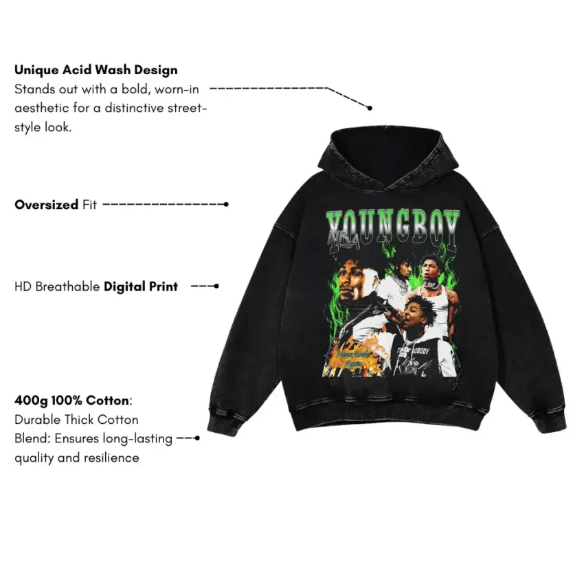 Youngboy Green Flag Collage Aicd Wash Oversized Hoodie - Image 5