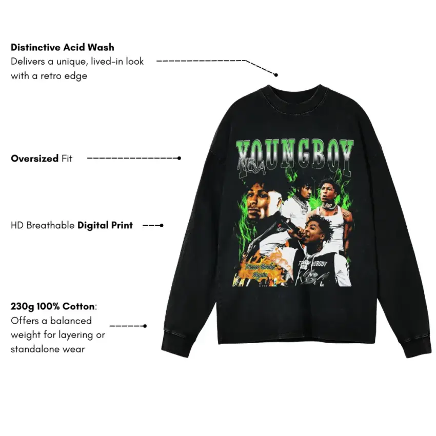 Youngboy Green Flag Collage Aicd Wash Oversized Long Sleeve Shirt - Image 5