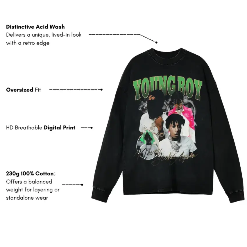 Youngboy Slime Aesthetic Aicd Wash Oversized Long Sleeve Shirt - Image 5