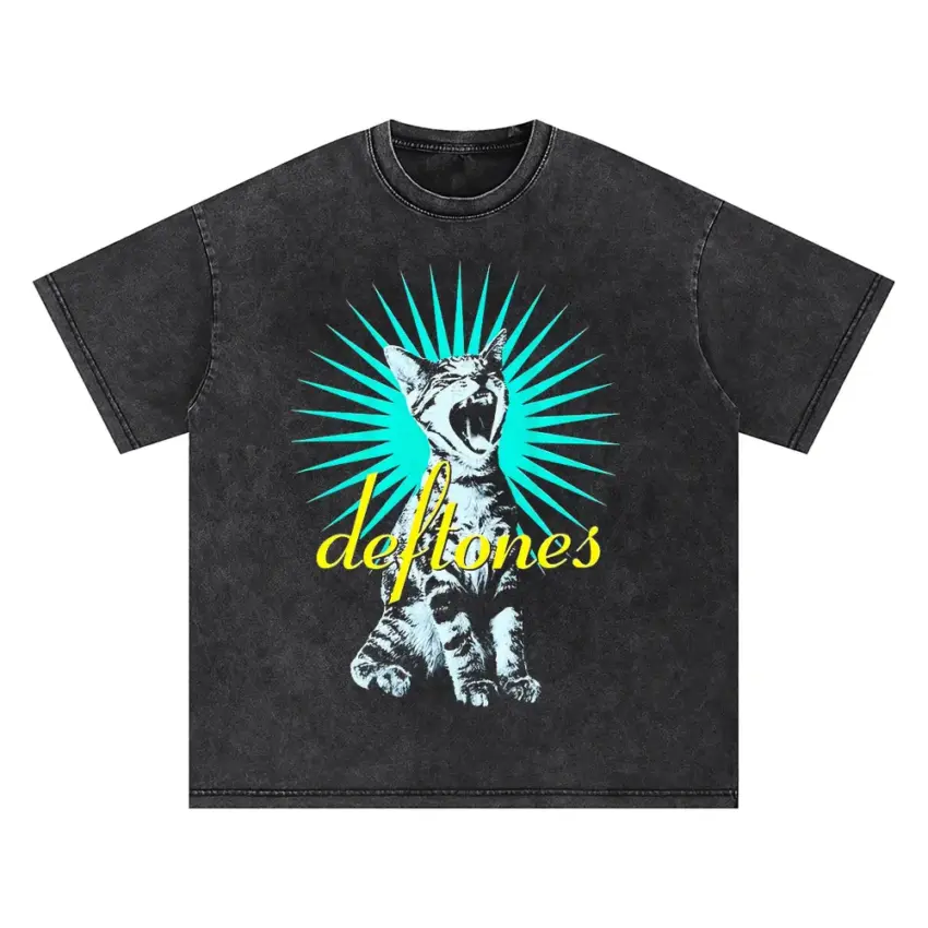 Deftones Laser Cat Oversized Acid Wash T-shirt