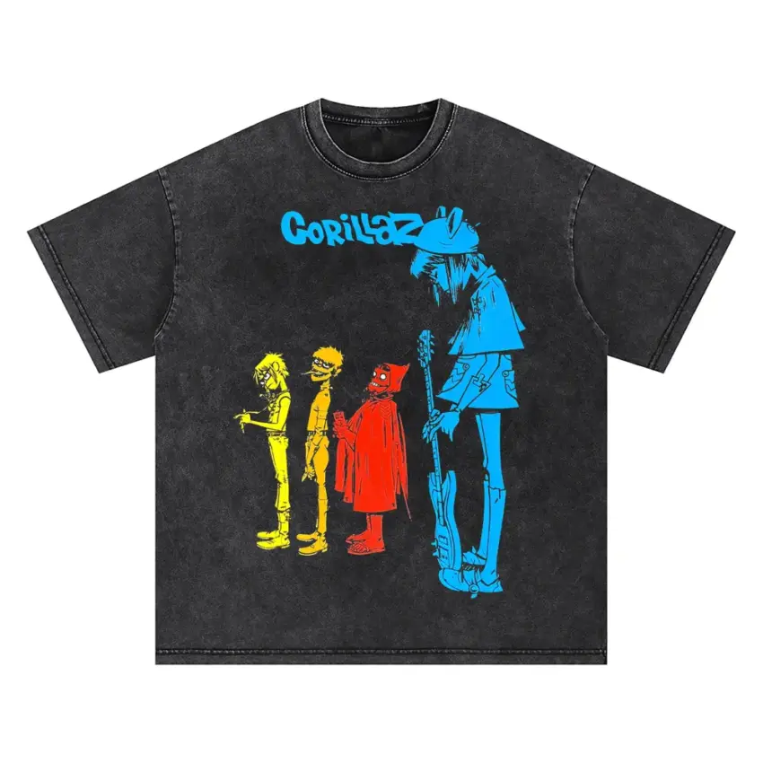 Gorillaz Silhouette Lineup Oversized Acid Wash T-shirt