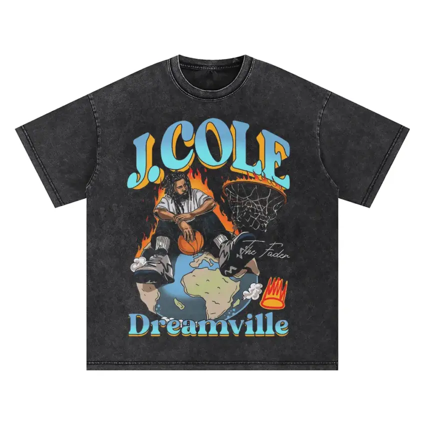 J Cole Dreamville Tribute Oversized Acid Wash T-shirt