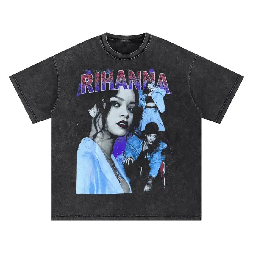 Rihanna Blue Hue Tribute Oversized Acid Wash T-shirt
