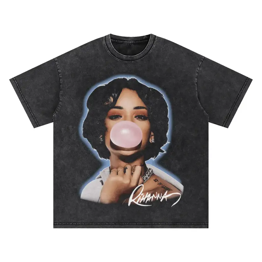 Rihanna Bubblegum Portrait Oversized Acid Wash T-shirt