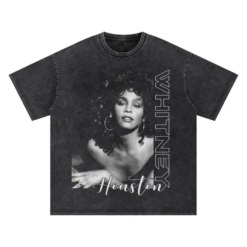 Whitney Houston Monochrome Portrait Oversized Acid Wash T-shirt