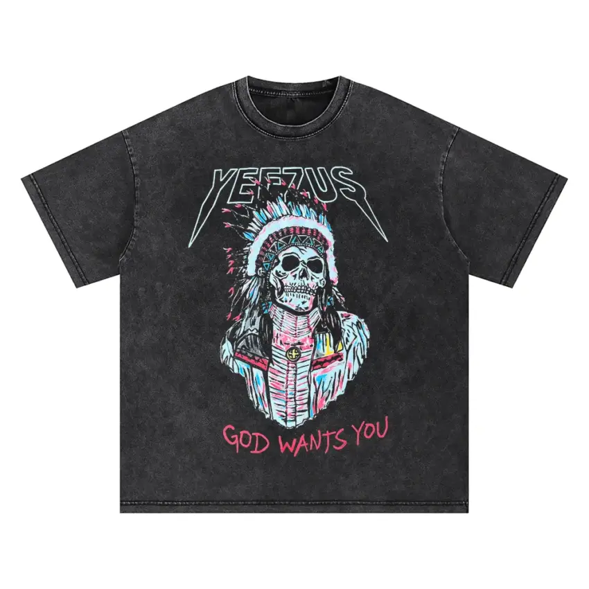 Yeezus Headdress Skull Oversized Acid Wash T-shirt