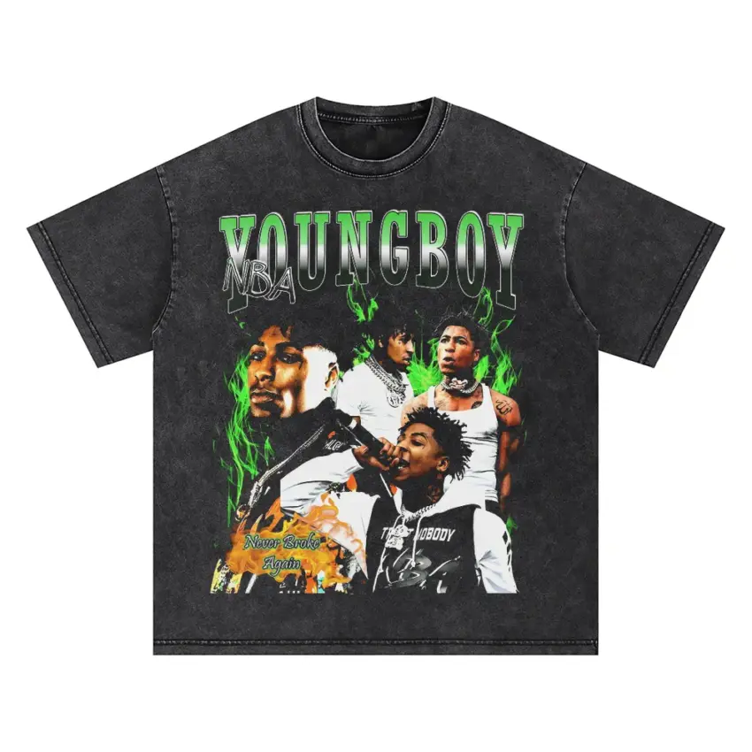 Youngboy Green Flag Collage Oversized Acid Wash T-shirt