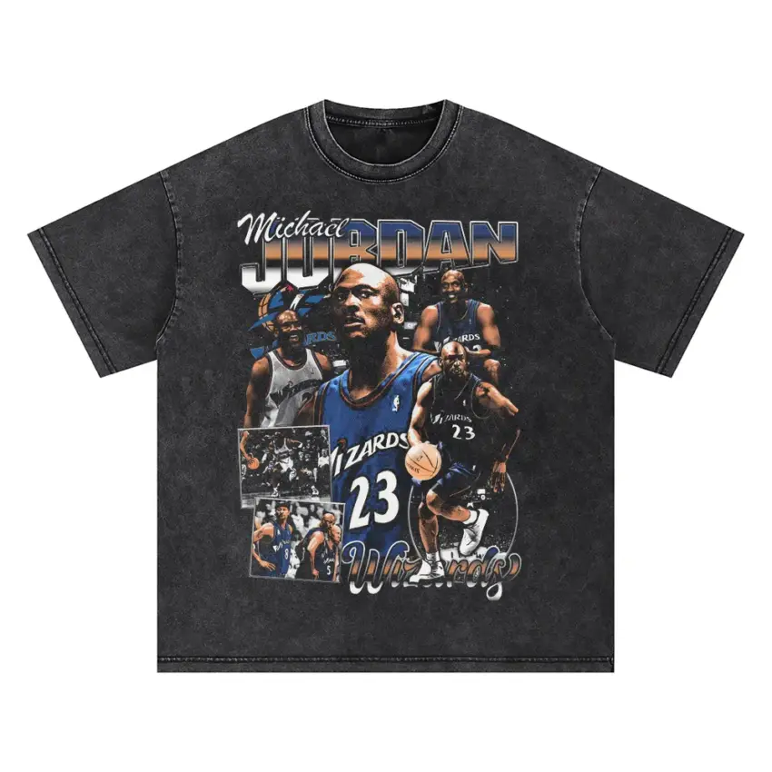 Michael Jordan The Wizard Returns Collage Oversized Acid Wash T-shirt