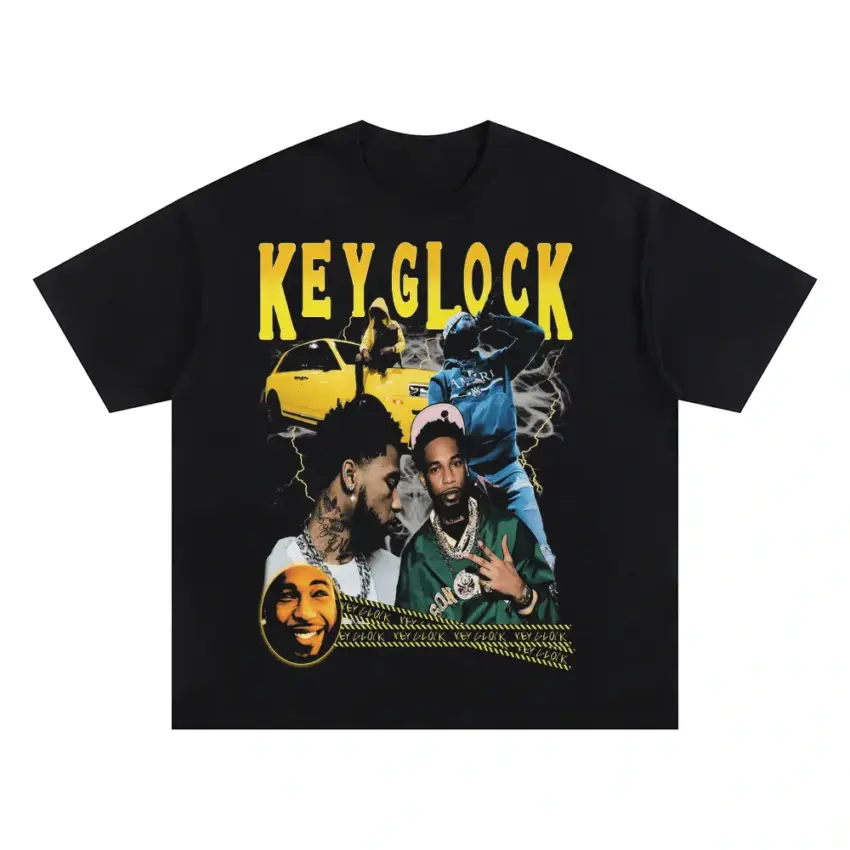 Key Glock Yellow Tape Oversized Black Graphic Tee