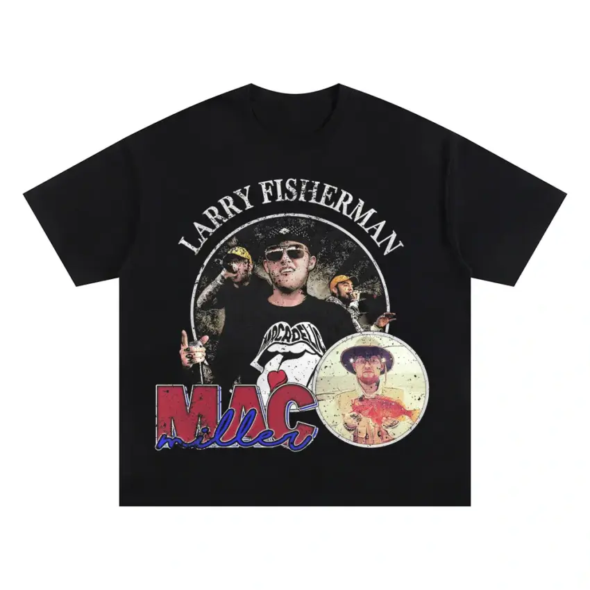 Mac Miller Larry Fisherman Tribute Oversized Black Graphic Tee