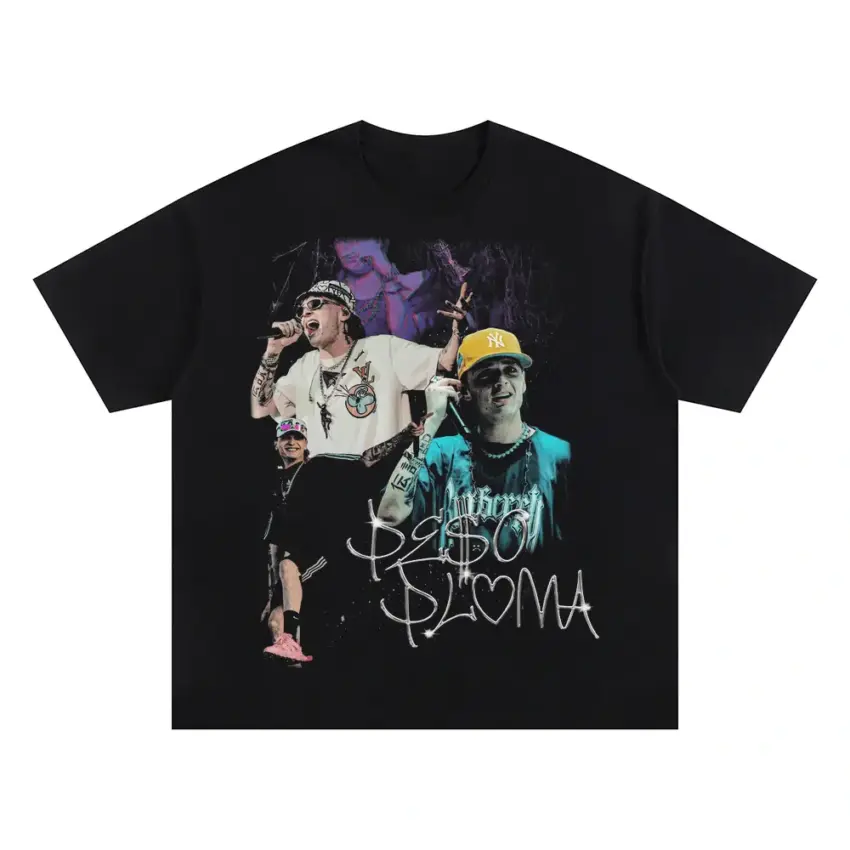 Peso Pluma Purple And Yellow Oversized Black Graphic Tee