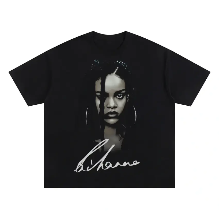 Rihanna Signature Portrait Oversized Black Graphic Tee