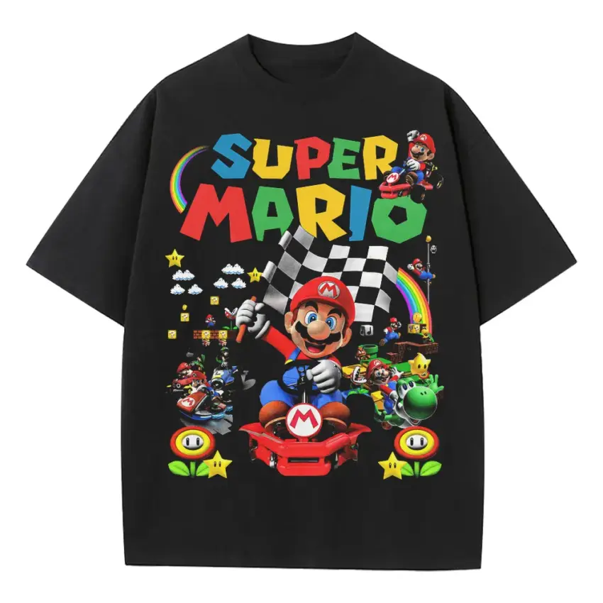 Super Mario And Friends Heavyweight Oversized Black Graphic Tee