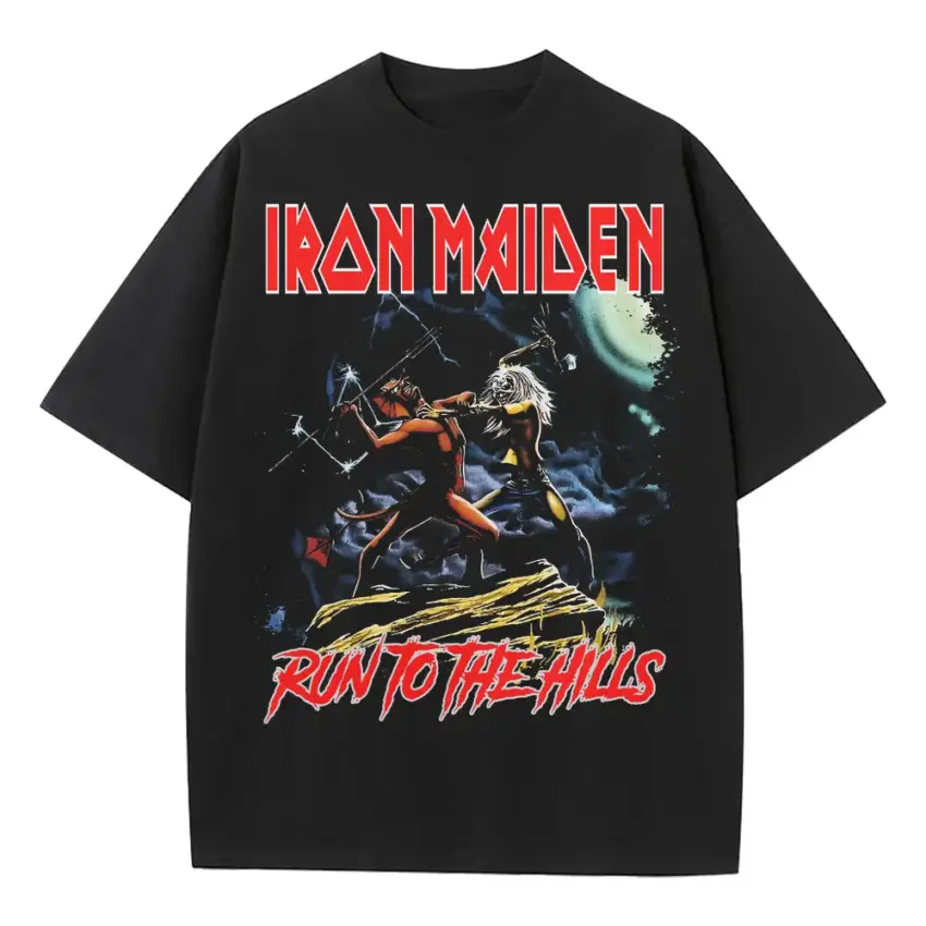 Iron Maiden Run For The Hills Heavyweight Oversized Black Graphic Tee
