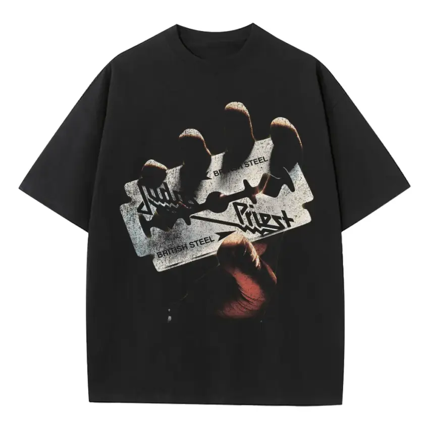 Judas Priest British Steel Heavyweight Oversized Black Graphic Tee