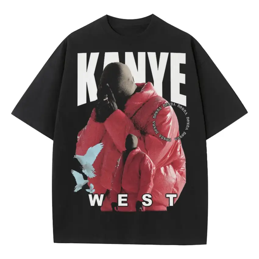 Kanye West Red Jacket Era Heavyweight Oversized Black Graphic Tee