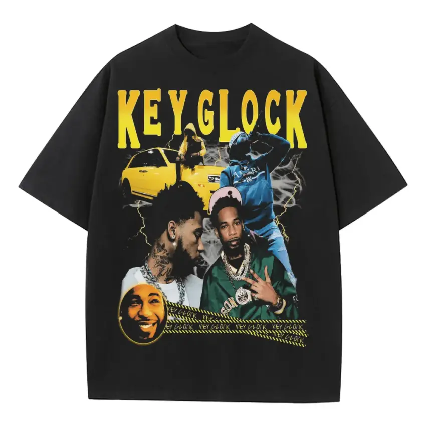 Key Glock Yellow Tape Heavyweight Oversized Black Graphic Tee