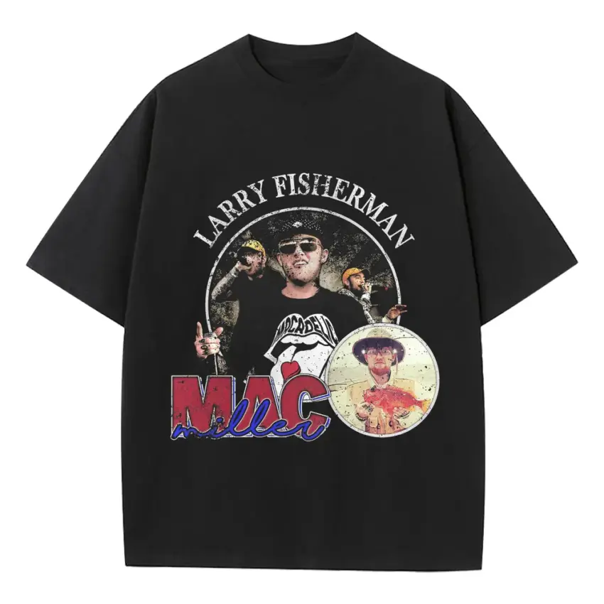 Mac Miller Larry Fisherman Tribute Heavyweight Oversized Black Graphic Tee