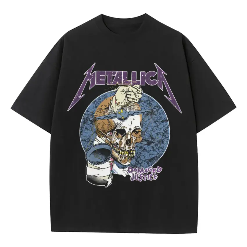 Metallica Damaged Justice Skull Heavyweight Oversized Black Graphic Tee