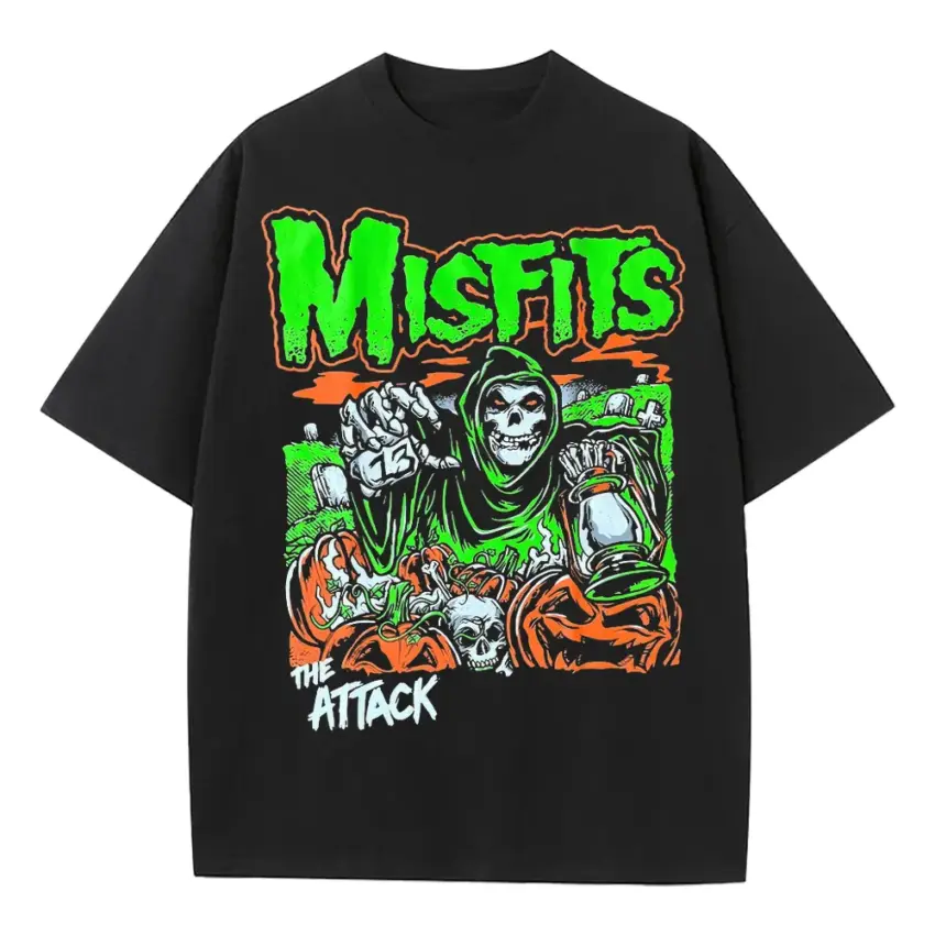 Misfits Green Attack Heavyweight Oversized Black Graphic Tee