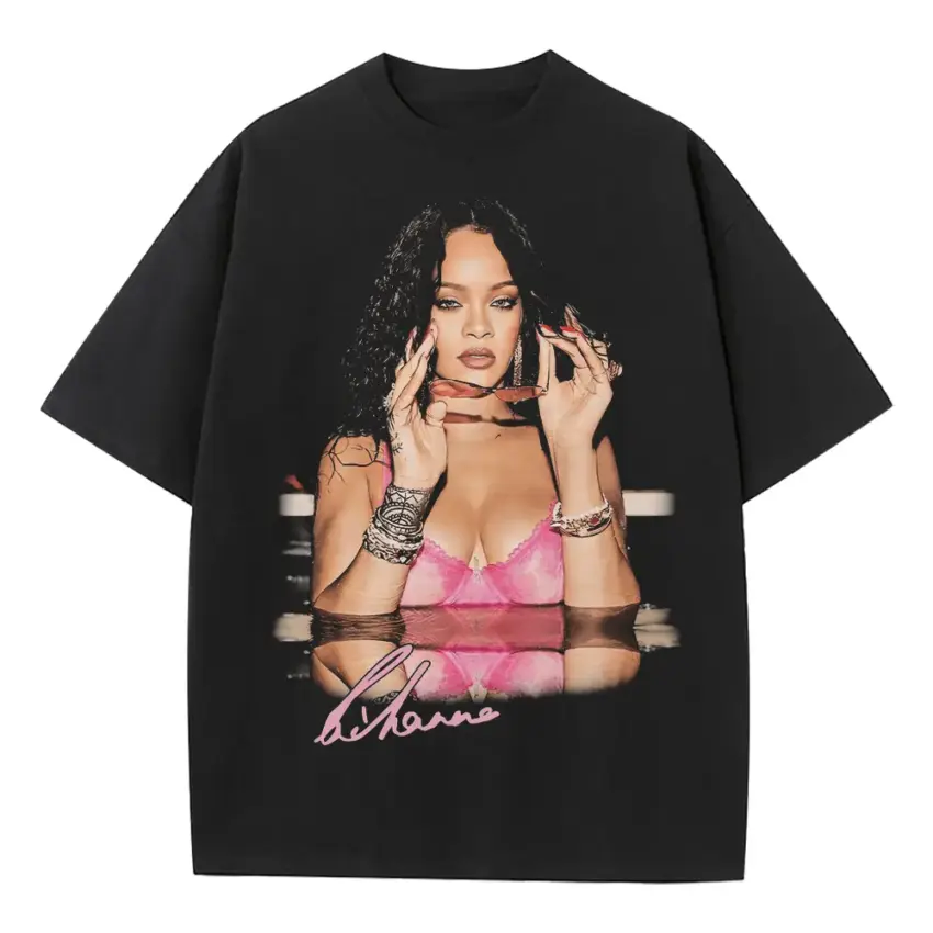 Rihanna Pink Lingerie Heavyweight Oversized Black Graphic Tee