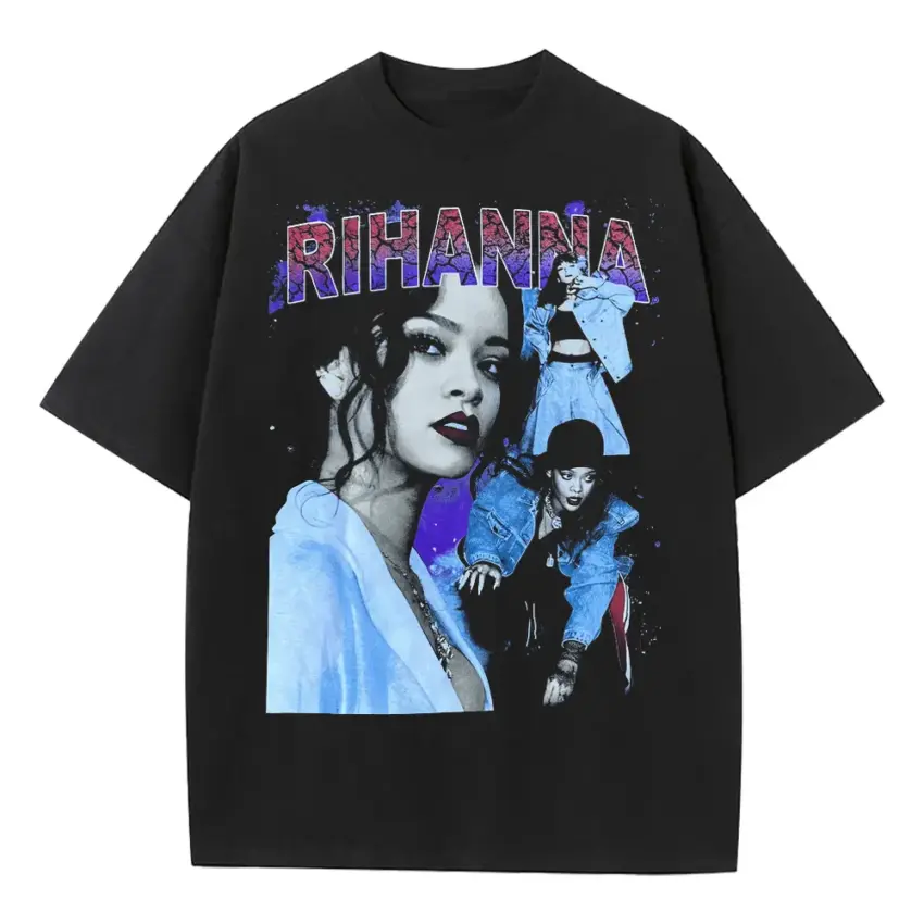 Rihanna Blue Hue Tribute Heavyweight Oversized Black Graphic Tee