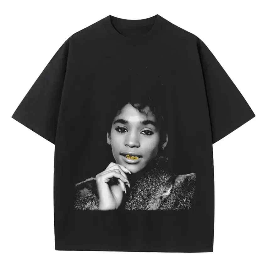 Whitney Houston Young Portrait Heavyweight Oversized Black Graphic Tee