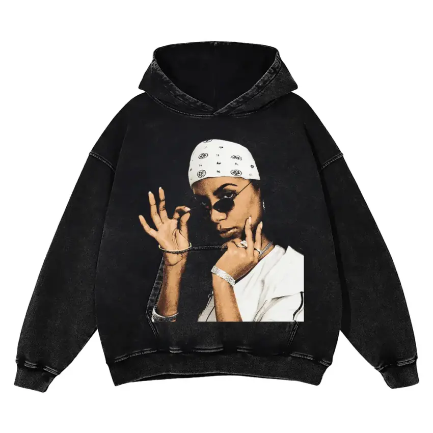 Aaliyah Bandana Portrait Aicd Wash Oversized Hoodie