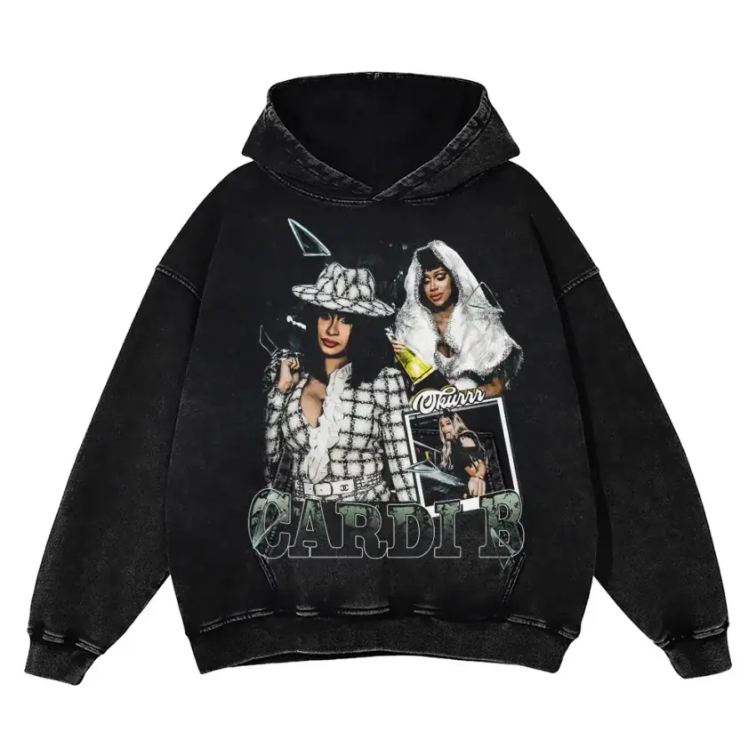 Cardi B Collage Aicd Wash Oversized Hoodie