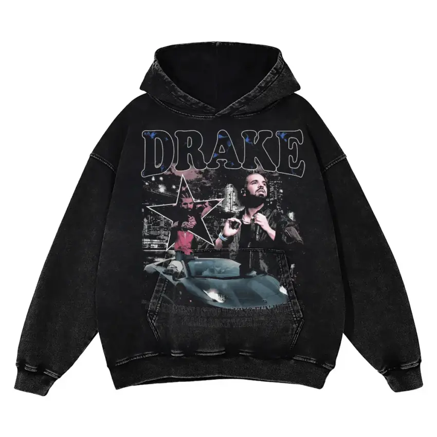 Drake Car Collage Aicd Wash Oversized Hoodie