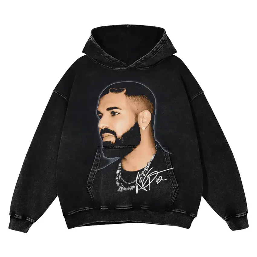 Drake Signature Portrait Aicd Wash Oversized Hoodie