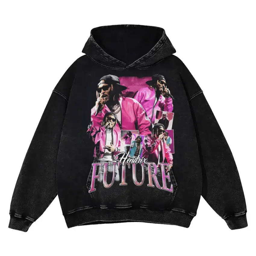 Future Pink Money Collage Aicd Wash Oversized Hoodie