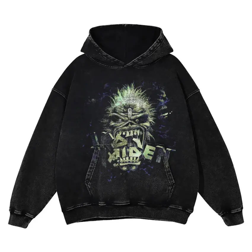 Iron Maiden Eddie Head Aicd Wash Oversized Hoodie