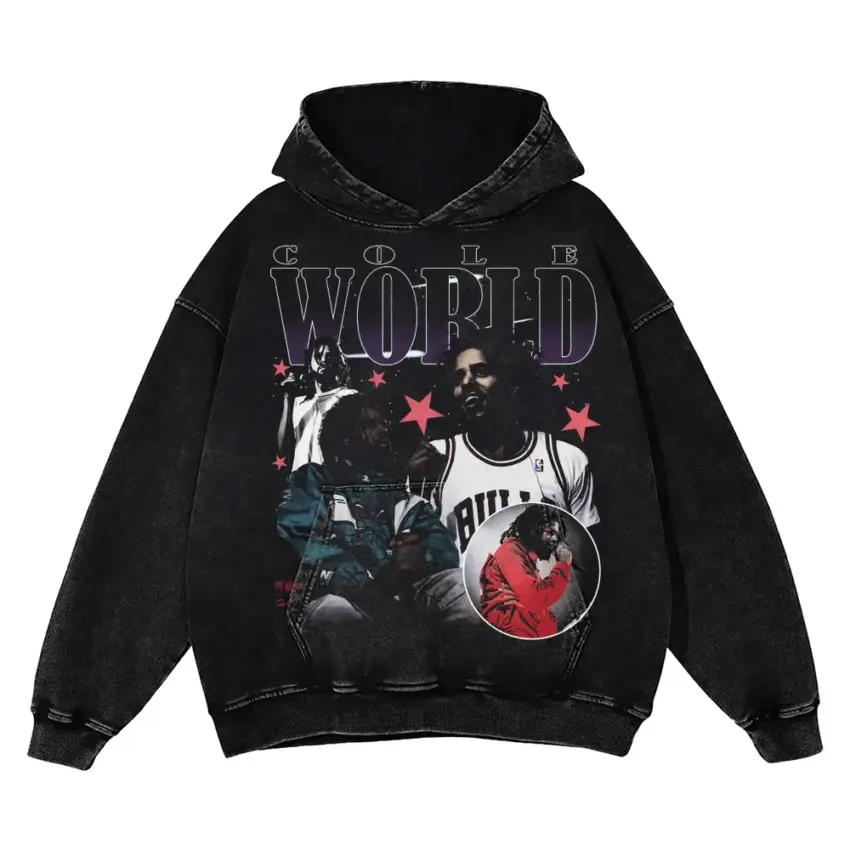 J Cole Cole World Jersey Aicd Wash Oversized Hoodie