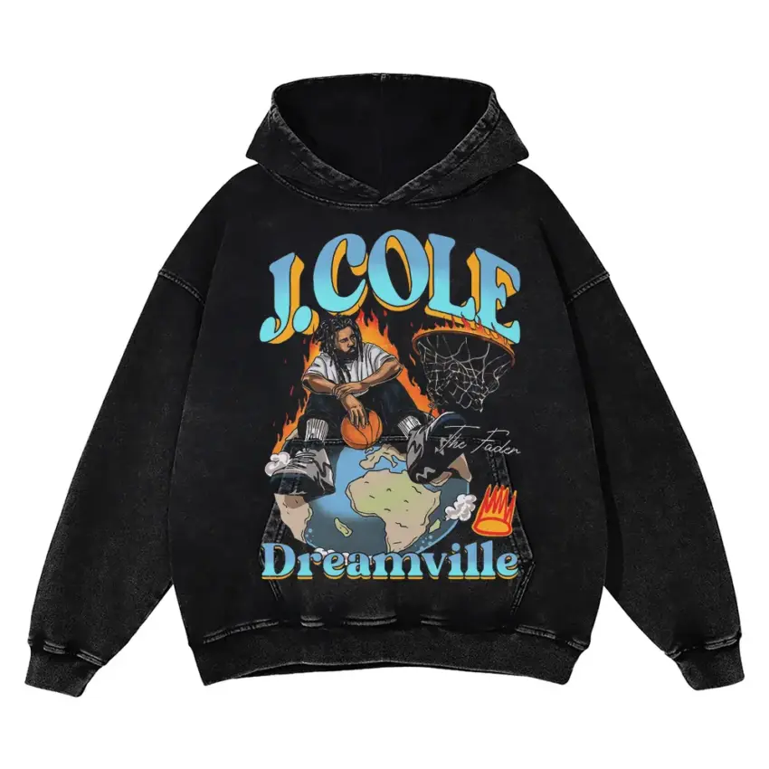 J Cole Dreamville Tribute Aicd Wash Oversized Hoodie