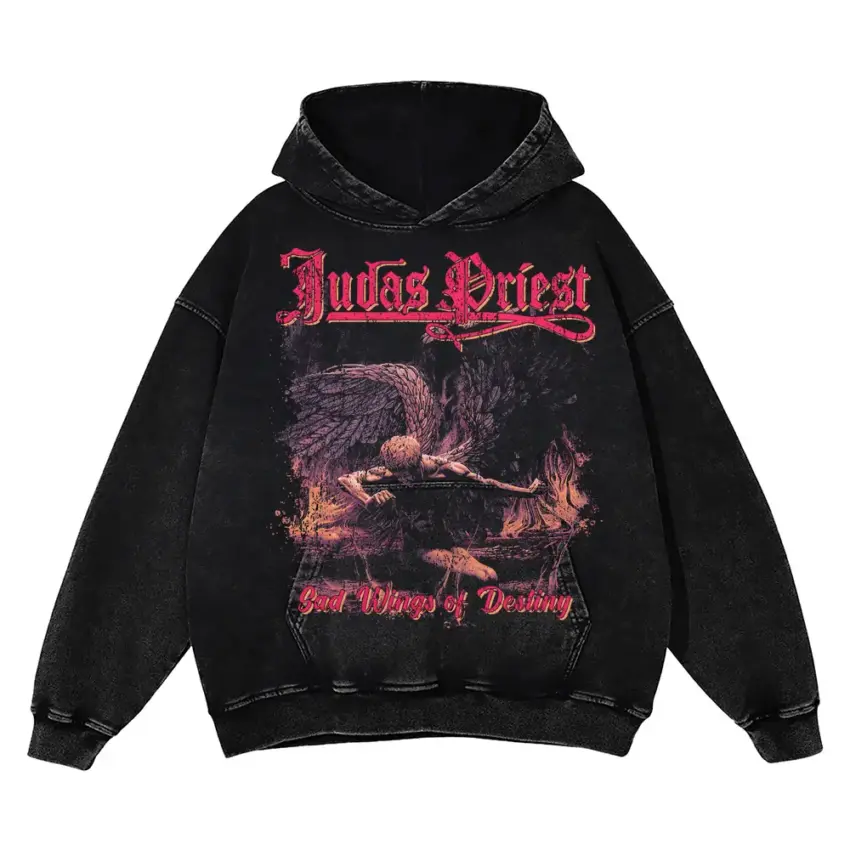 Judas Priest Sad Wings Of Destiny Aicd Wash Oversized Hoodie