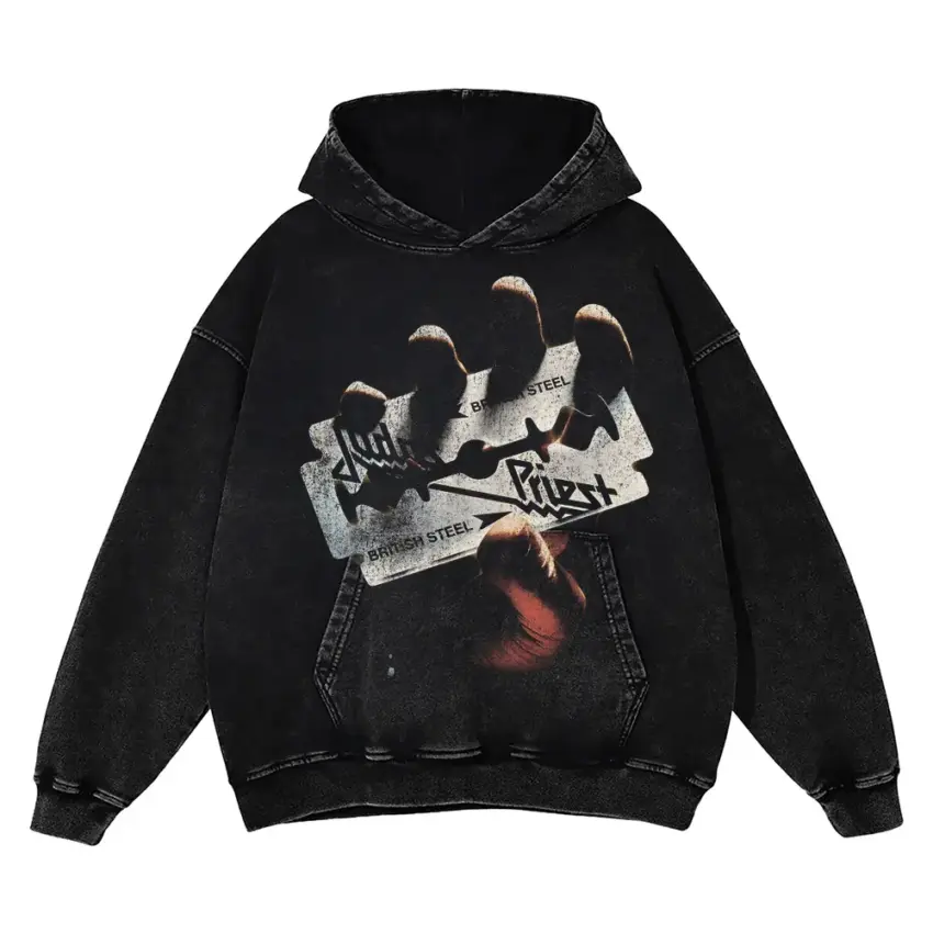 Judas Priest British Steel Aicd Wash Oversized Hoodie