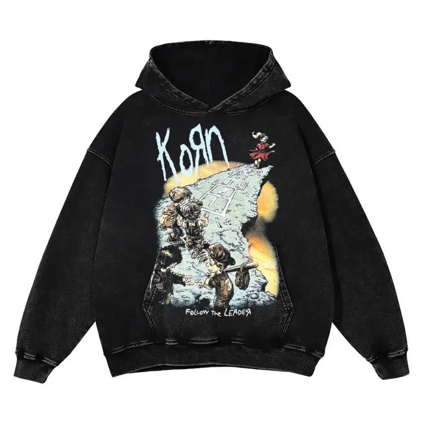 Korn Vintage Rock Tee Aicd Wash Oversized Hoodie