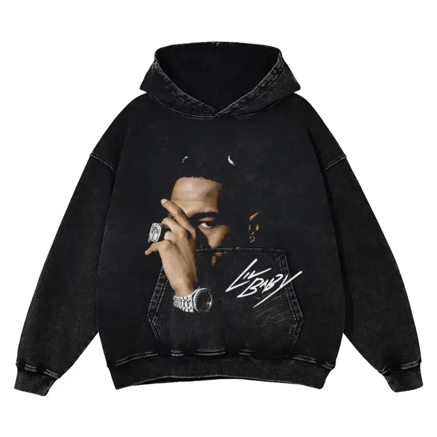 Lil Baby Pensive Portrait Aicd Wash Oversized Hoodie