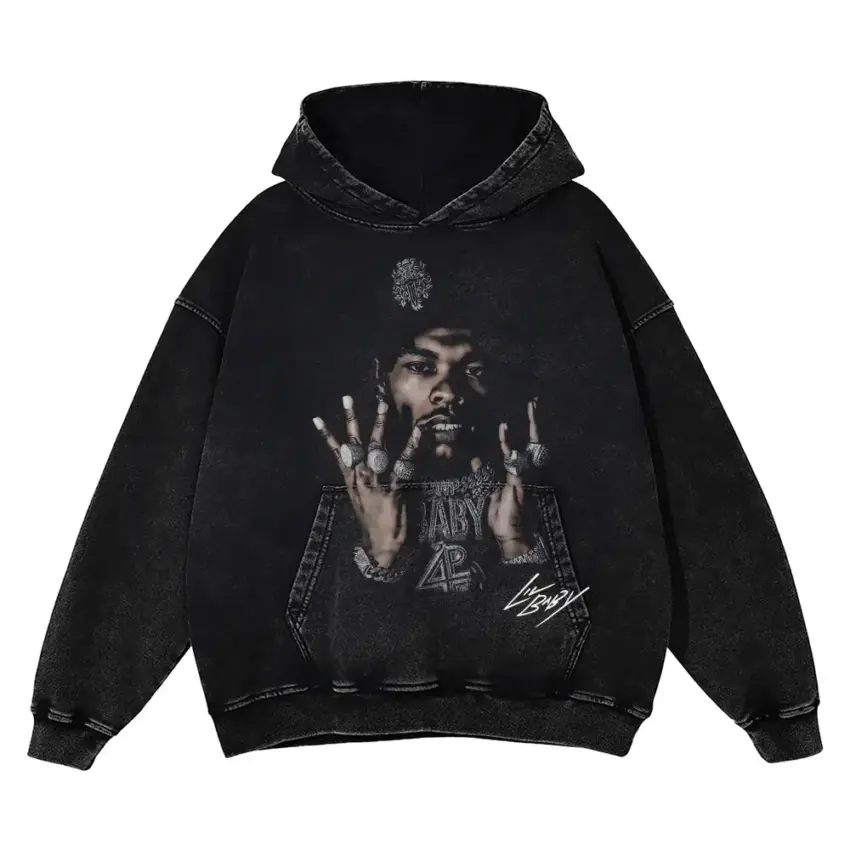 Lil Baby Signature Portrait Aicd Wash Oversized Hoodie