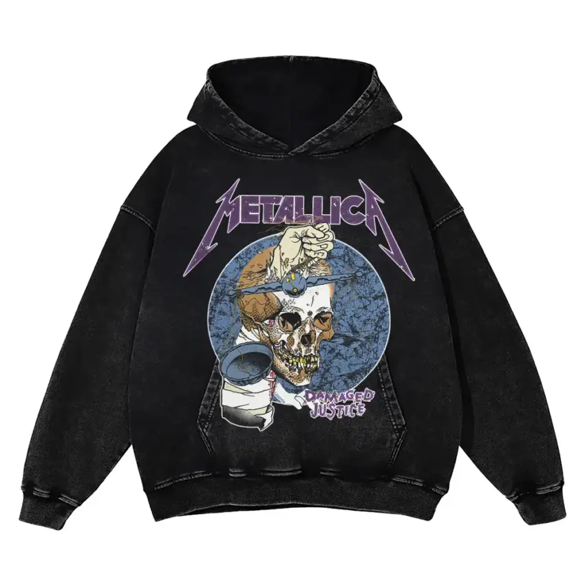 Metallica Damaged Justice Skull Aicd Wash Oversized Hoodie