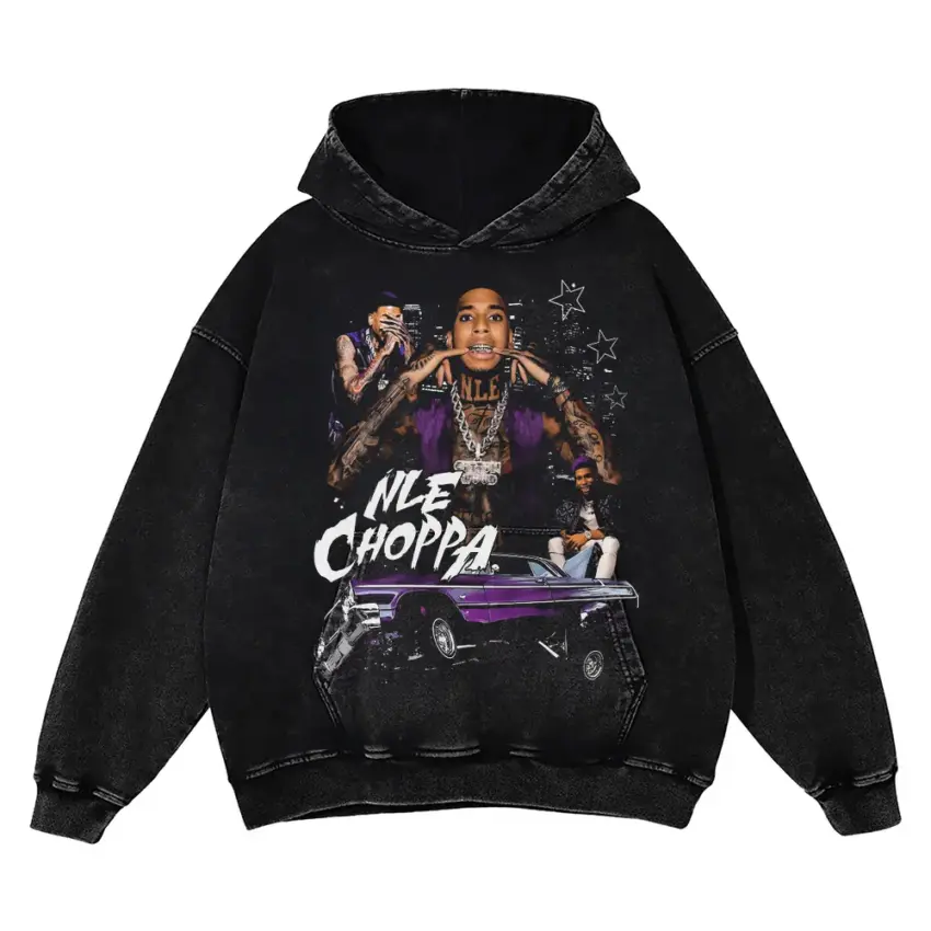 NLE Choppa Shotta Flow Aicd Wash Oversized Hoodie